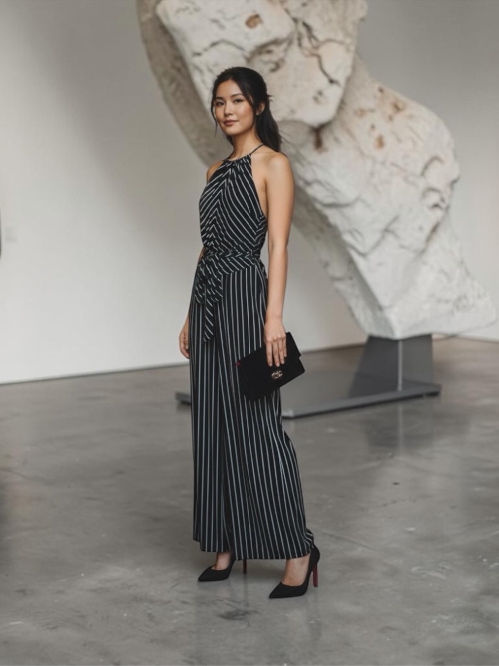 Lauren Ralph Lauren Y2K Striped Halter Wide Leg Jumpsuit Black White .* SIZE M - Picture 2 of 9